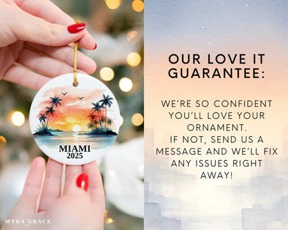 Custom Miami Florida ceramic photo ornament with personalized message – handmade Christmas bauble, gift souvenir, or vacation keepsake.  Love it guarantee