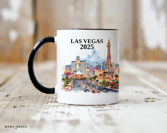 Custom ceramic Las Vegas vacation mug with watercolor location design, date, and personal photo – personalized travel gift or photo mug. 