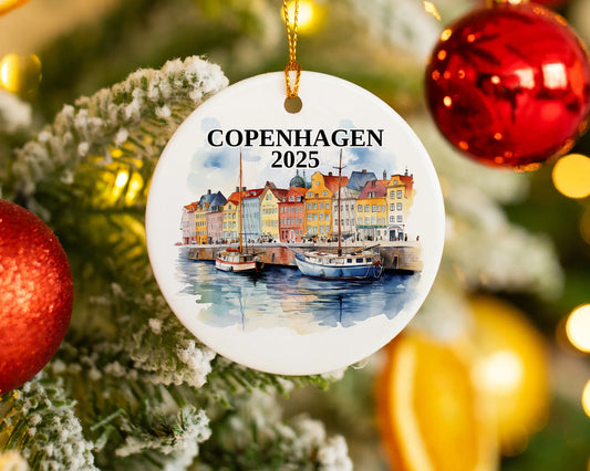 Custom Copenhagen ceramic photo ornament with personalized message – handmade Christmas bauble, gift souvenir, or vacation keepsake.  