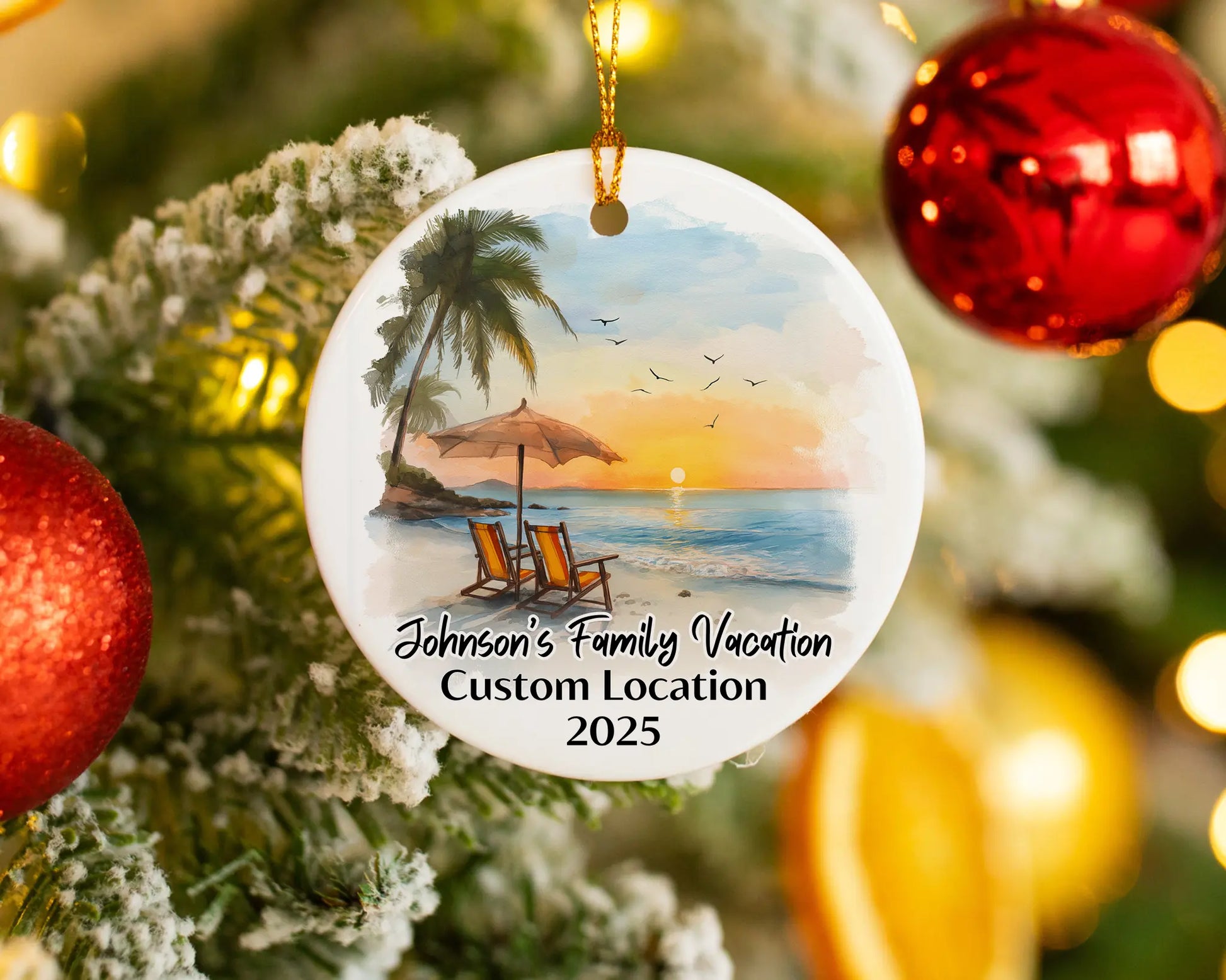 Custom vacation ceramic photo ornament with personalized message – handmade Christmas bauble, gift souvenir, or vacation keepsake. 