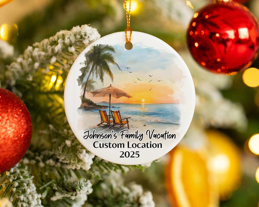 Custom vacation ceramic photo ornament with personalized message – handmade Christmas bauble, gift souvenir, or vacation keepsake. 