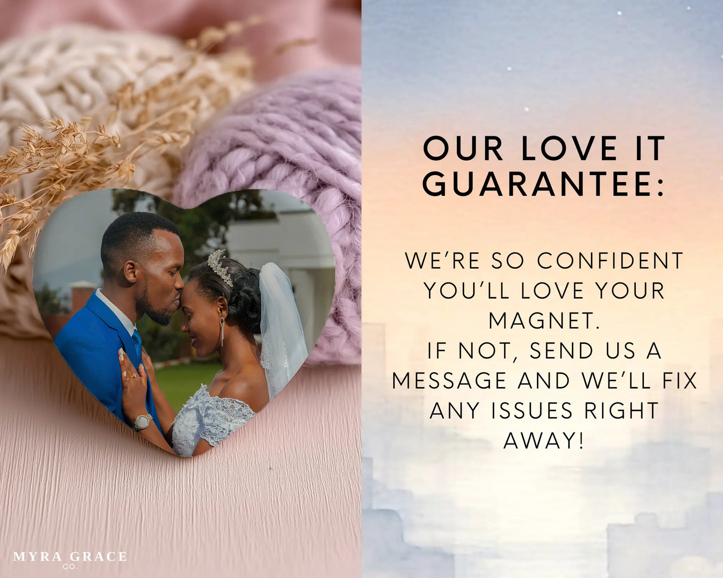 Heart-shaped custom wedding ceramic photo magnet on fridge – handmade personalized gift or Christmas fridge magnet. Love it guarantee