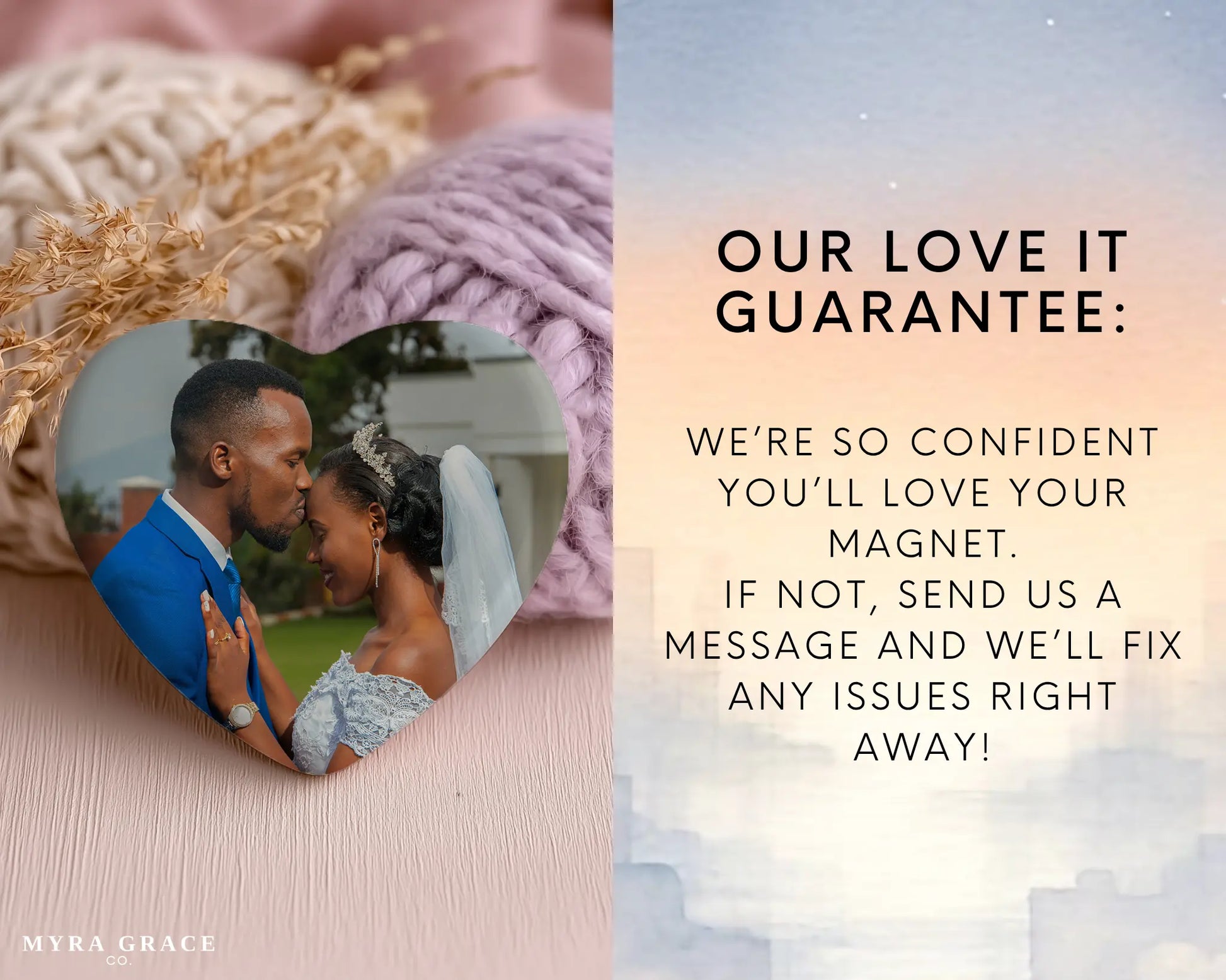 Heart-shaped custom wedding ceramic photo magnet on fridge – handmade personalized gift or Christmas fridge magnet. Love it guarantee