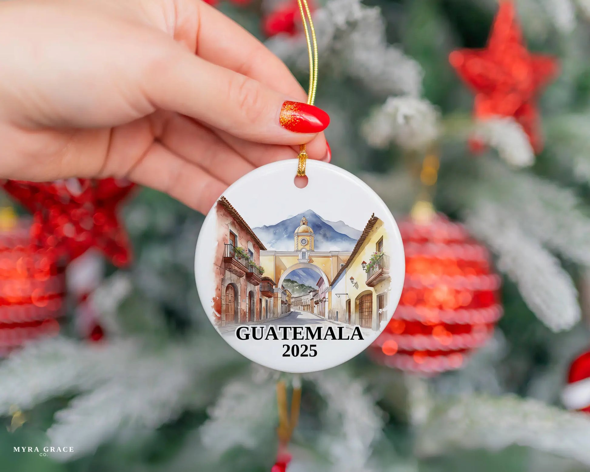 Custom Guatemala Antigua ceramic photo ornament with personalized message – handmade Christmas bauble, gift souvenir, or vacation keepsake. 