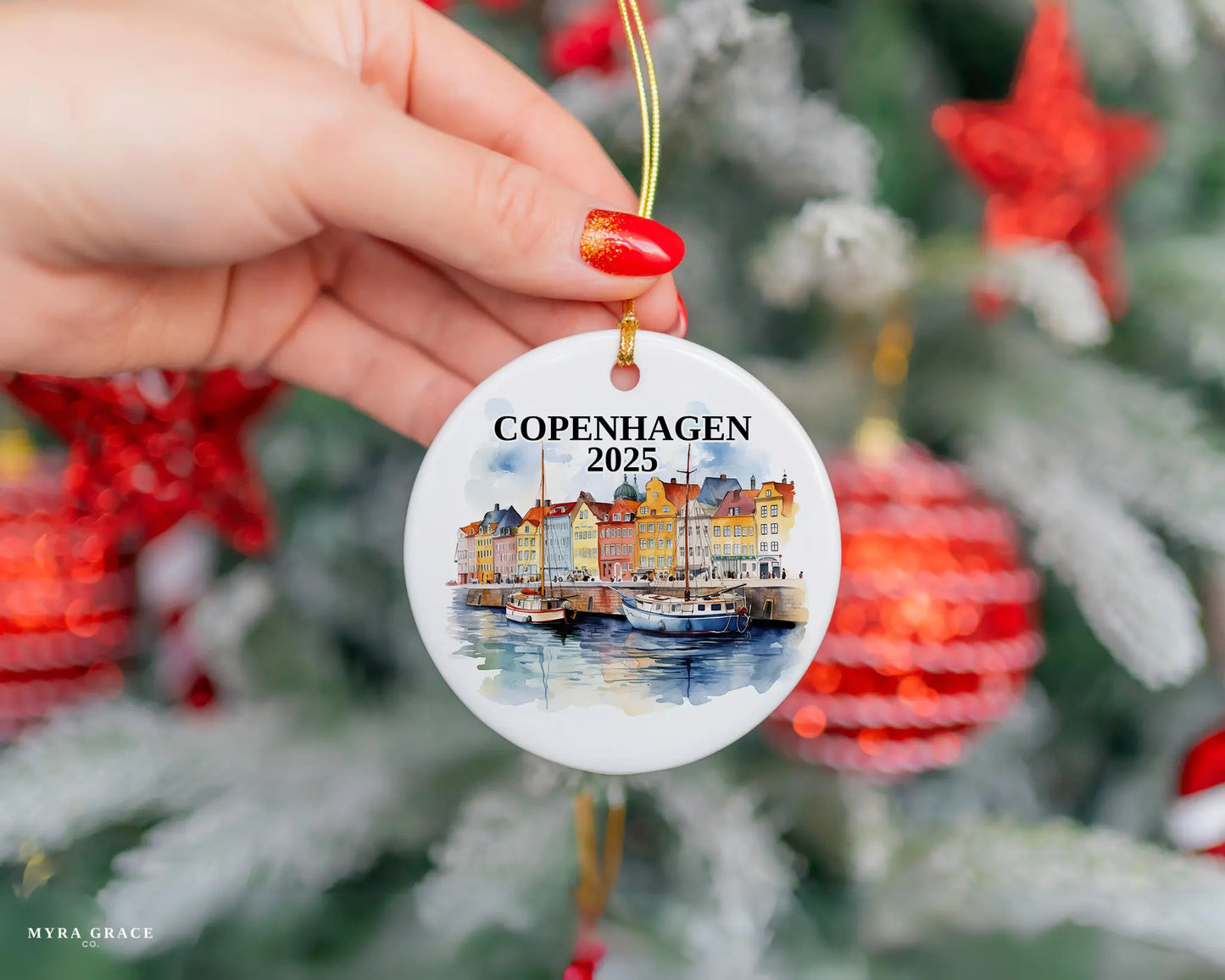 Custom Copenhagen ceramic photo ornament with personalized message – handmade Christmas bauble, gift souvenir, or vacation keepsake.  