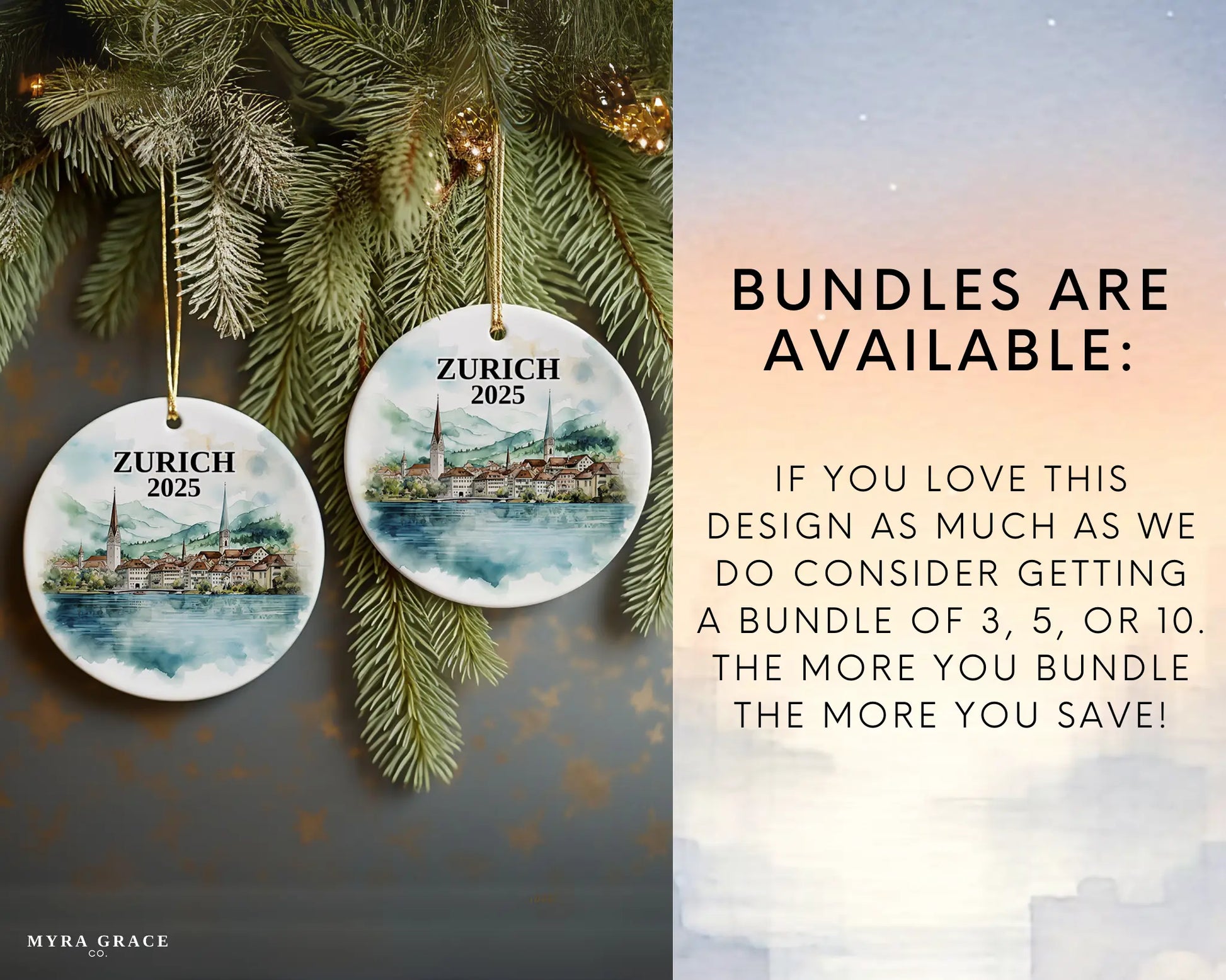 Zurich Switzerland Ornament Custom Gift Souvenir Bauble. Custom Zurich Switzerland ceramic photo ornament with personalized message – handmade Christmas bauble, gift souvenir, or vacation keepsake. Bundles are available