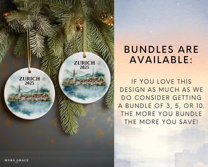 Zurich Switzerland Ornament Custom Gift Souvenir Bauble. Custom Zurich Switzerland ceramic photo ornament with personalized message – handmade Christmas bauble, gift souvenir, or vacation keepsake. Bundles are available