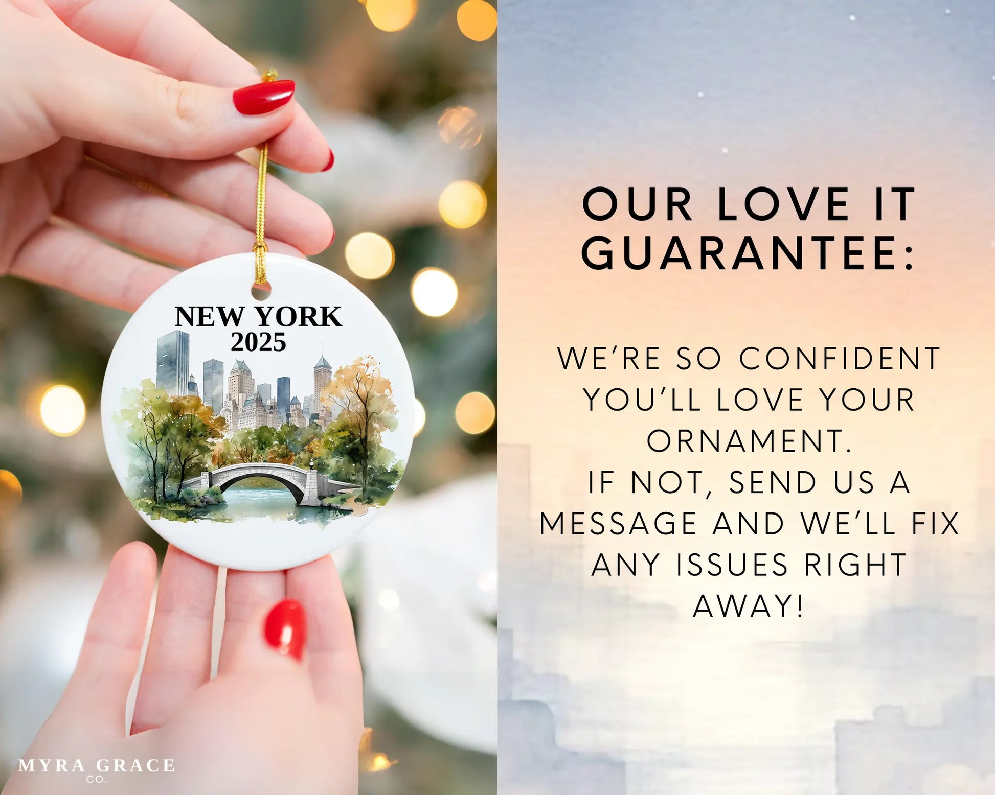 Custom New York Central Park ceramic photo ornament with personalized message – handmade Christmas bauble, gift souvenir, or vacation keepsake.  Love it guarantee