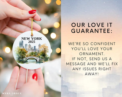 Custom New York Central Park ceramic photo ornament with personalized message – handmade Christmas bauble, gift souvenir, or vacation keepsake.  Love it guarantee