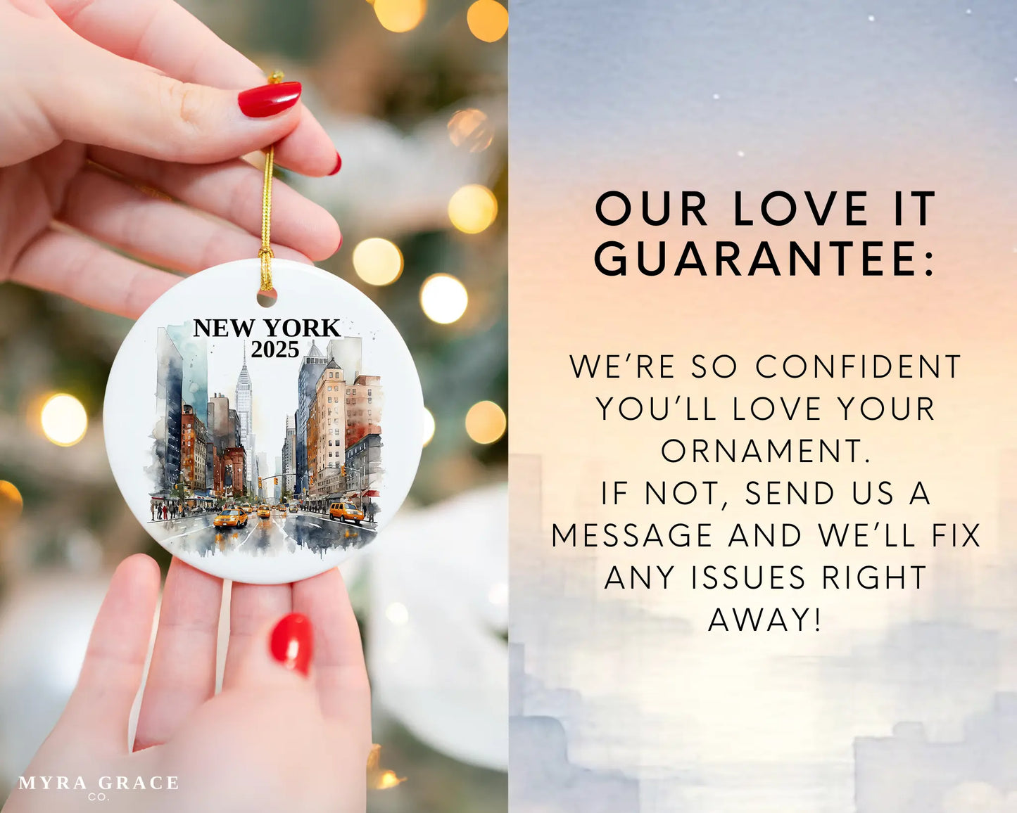 Custom New York City ceramic photo ornament with personalized message – handmade Christmas bauble, gift souvenir, or vacation keepsake.  Love it guarantee