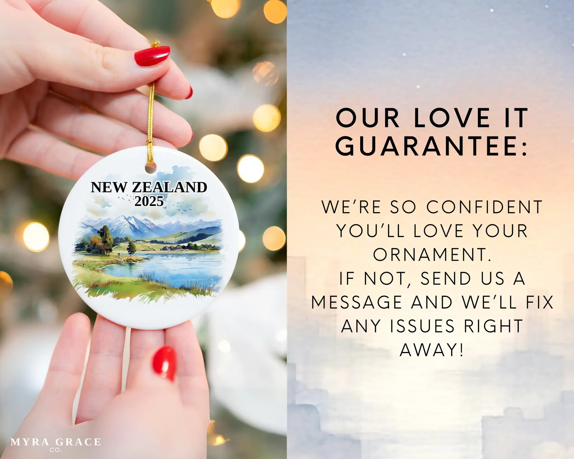 Custom New Zealand ceramic photo ornament with personalized message – handmade Christmas bauble, gift souvenir, or vacation keepsake.  Love it guarantee