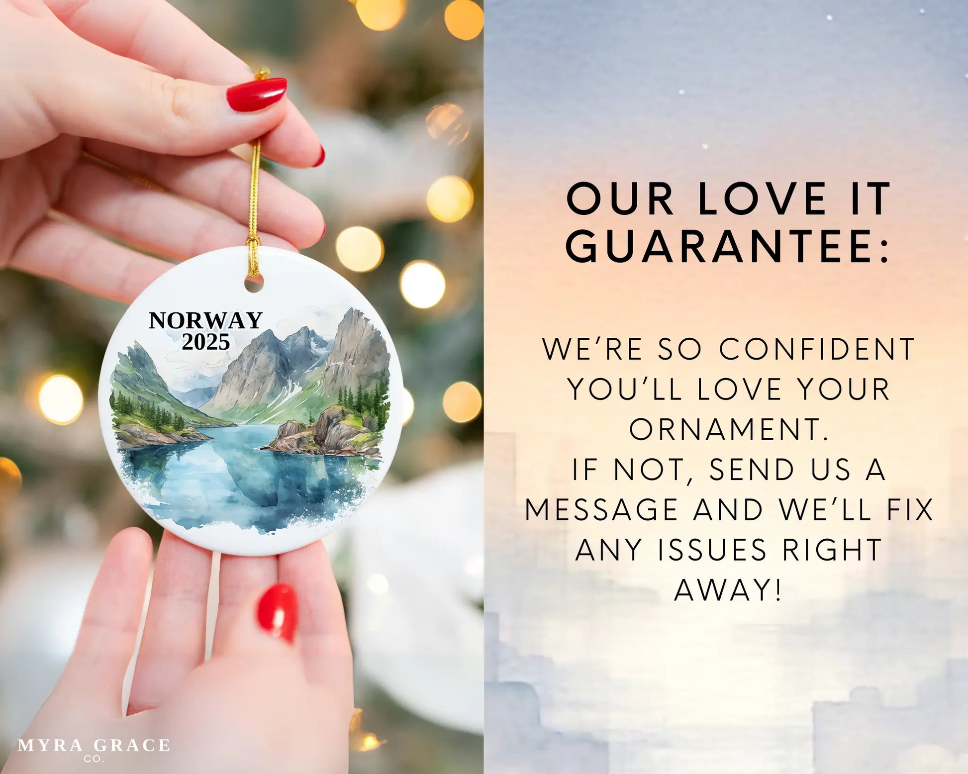 Custom Norway ceramic photo ornament with personalized message – handmade Christmas bauble, gift souvenir, or vacation keepsake.  Love it guarantee