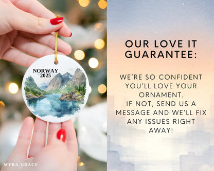 Custom Norway ceramic photo ornament with personalized message – handmade Christmas bauble, gift souvenir, or vacation keepsake.  Love it guarantee
