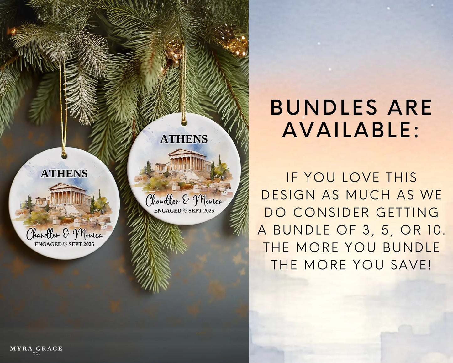Athens Engagement Ornament Custom Gift Souvenir Bauble Present. Bundles are available