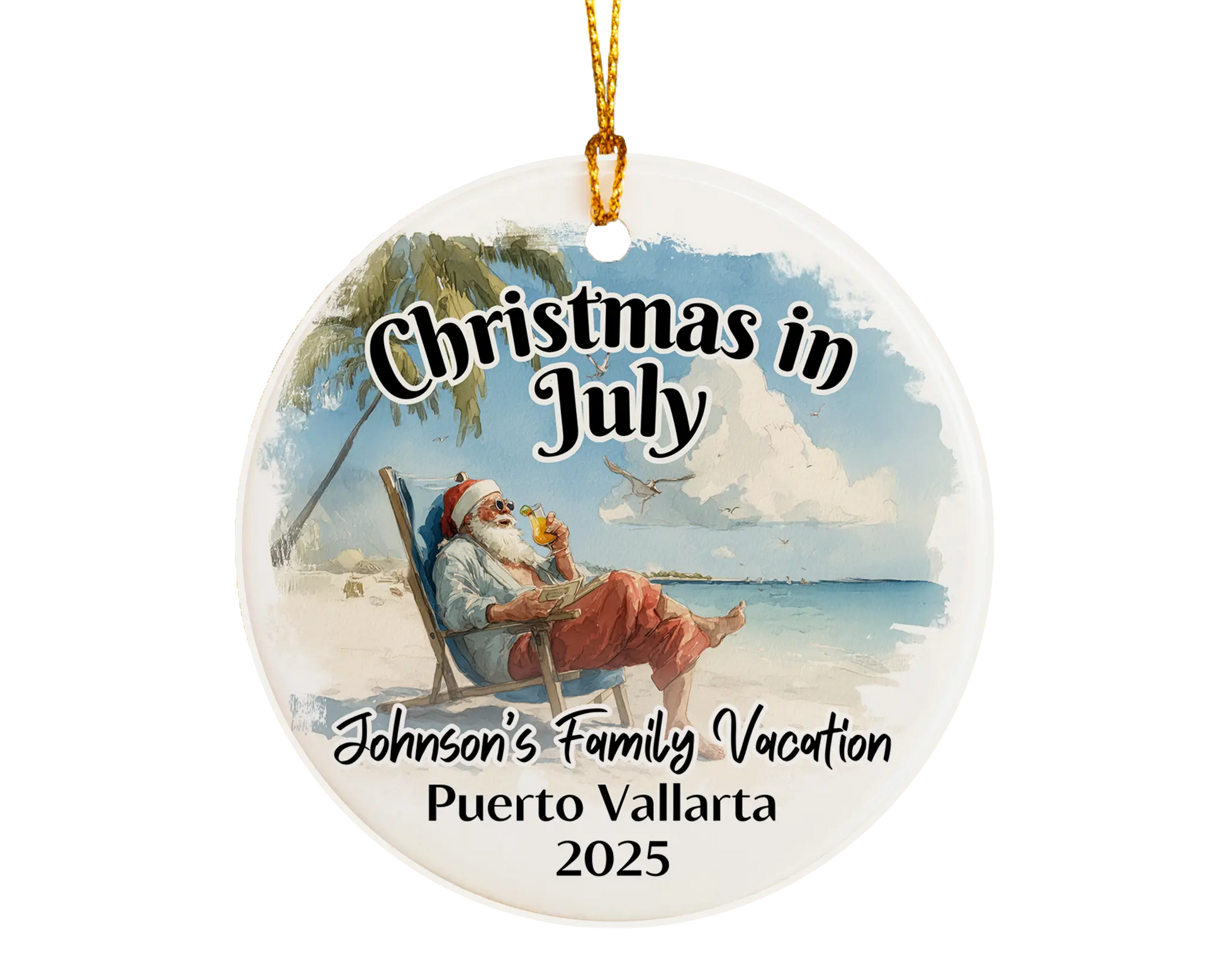 Custom vacation ceramic photo ornament with personalized message – handmade Christmas bauble, gift souvenir, or vacation keepsake. Christmas in July. 