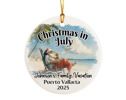 Custom vacation ceramic photo ornament with personalized message – handmade Christmas bauble, gift souvenir, or vacation keepsake. Christmas in July. 