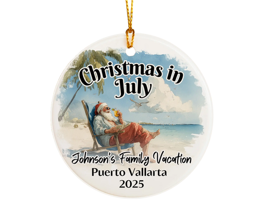 Custom vacation ceramic photo ornament with personalized message – handmade Christmas bauble, gift souvenir, or vacation keepsake. Christmas in July. 