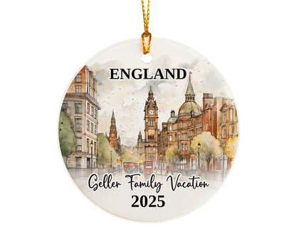 Custom vacation England ceramic photo ornament with personalized message – handmade Christmas bauble, gift souvenir, or vacation keepsake. 