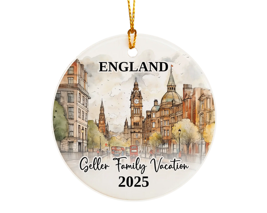 Custom vacation England ceramic photo ornament with personalized message – handmade Christmas bauble, gift souvenir, or vacation keepsake. 