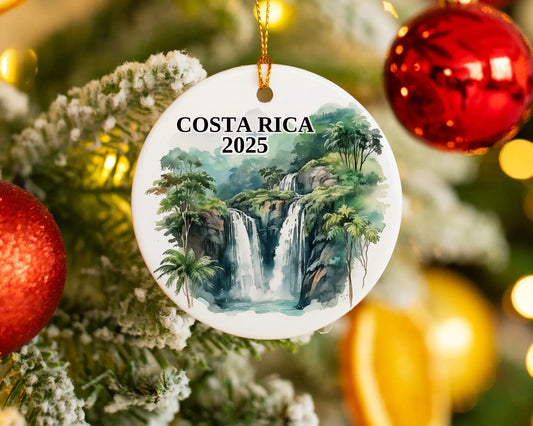 Custom Costa Rica ceramic photo ornament with personalized message – handmade Christmas bauble, gift souvenir, or vacation keepsake.  