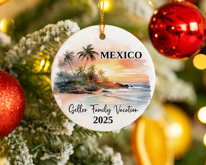 Custom vacation Mexico ceramic photo ornament with personalized message – handmade Christmas bauble, gift souvenir, or vacation keepsake. 