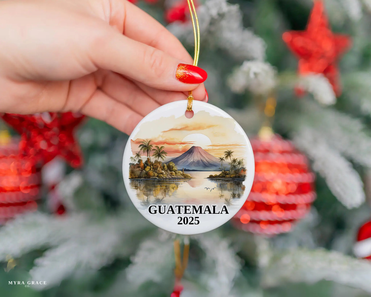 Custom Guatemala ceramic photo ornament with personalized message – handmade Christmas bauble, gift souvenir, or vacation keepsake. 