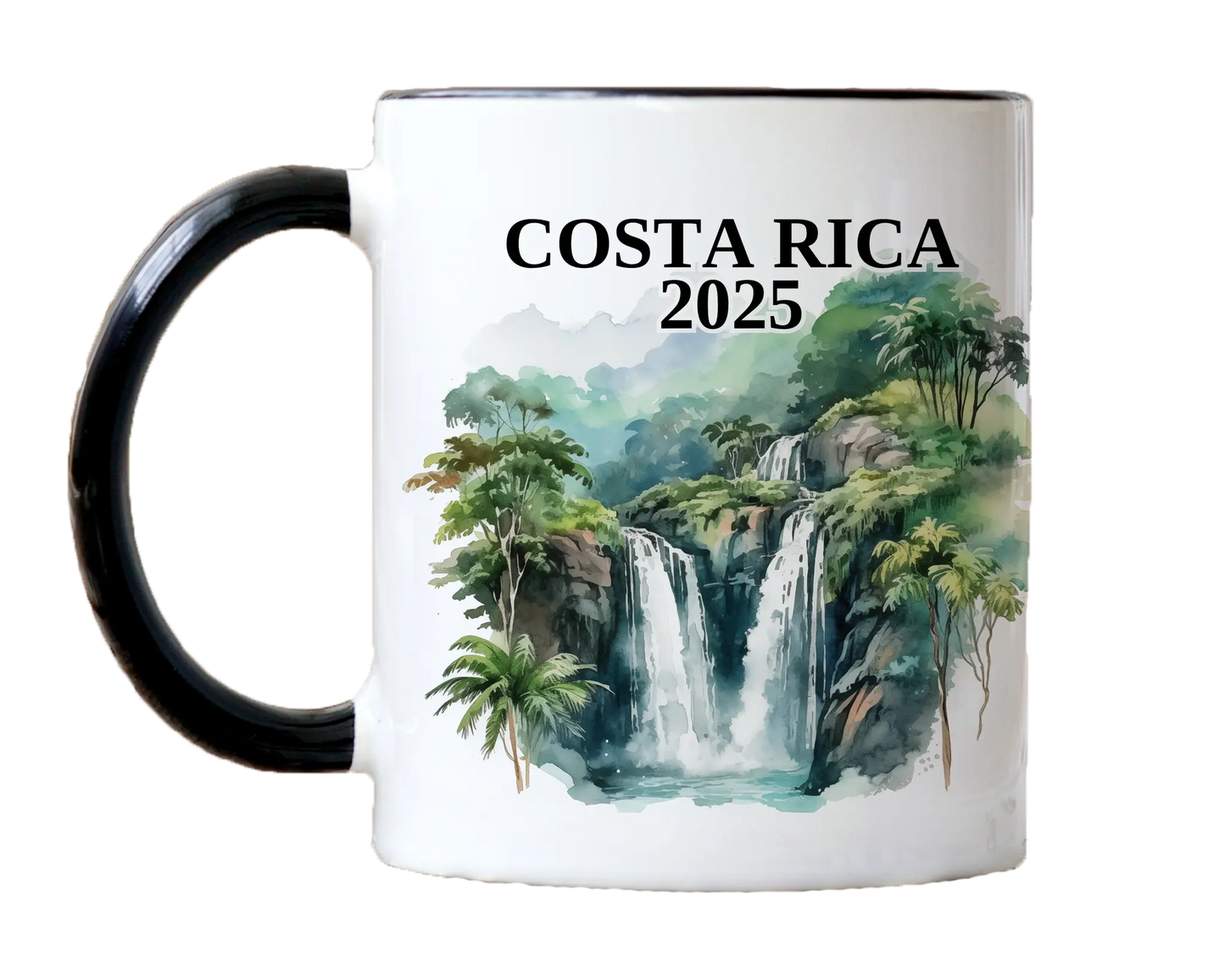 Custom ceramic Costa Rica vacation mug with watercolor location design, date, and personal photo – personalized travel gift or photo mug. 