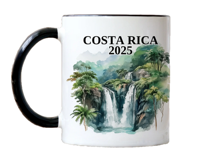 Custom ceramic Costa Rica vacation mug with watercolor location design, date, and personal photo – personalized travel gift or photo mug. 