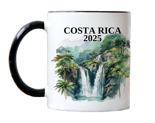 Custom ceramic Costa Rica vacation mug with watercolor location design, date, and personal photo – personalized travel gift or photo mug. 