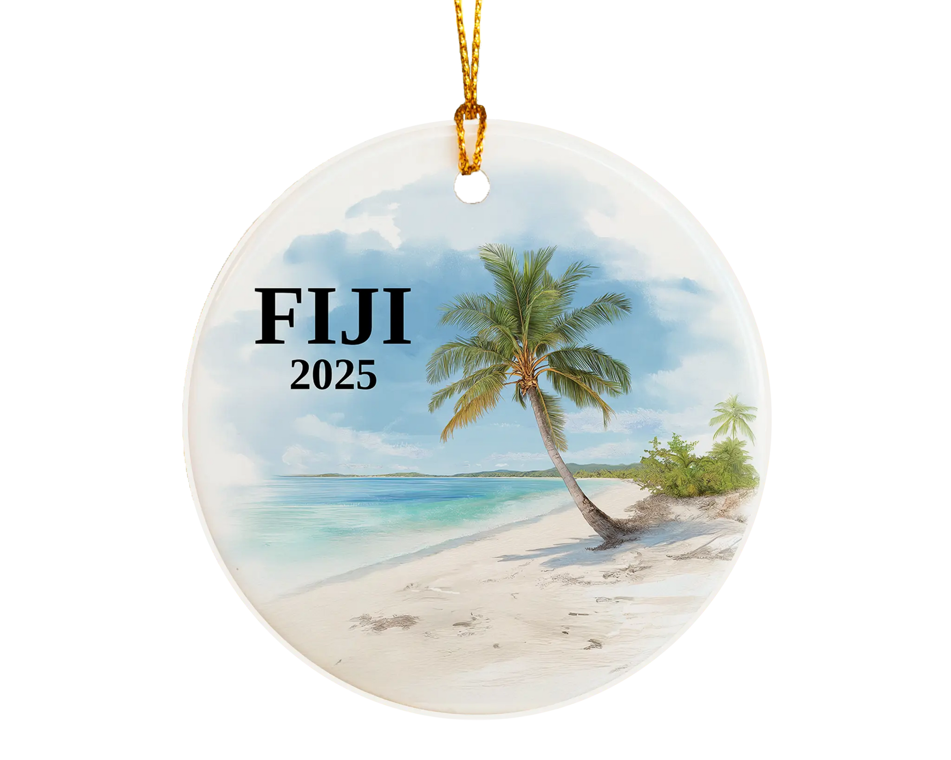 Custom Fiji ceramic photo ornament with personalized message – handmade Christmas bauble, gift souvenir, or vacation keepsake.  