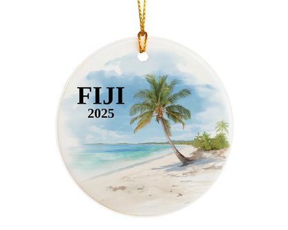 Custom Fiji ceramic photo ornament with personalized message – handmade Christmas bauble, gift souvenir, or vacation keepsake.  
