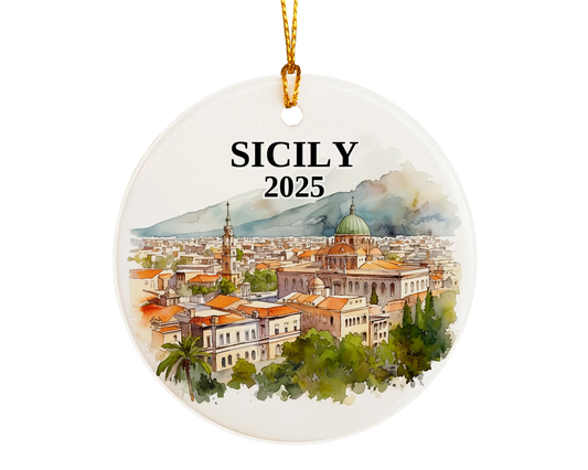Sicily Italy Ornament Custom Gift Souvenir Bauble. Custom Sicily Italy ceramic photo ornament with personalized message – handmade Christmas bauble, gift souvenir, or vacation keepsake.  
