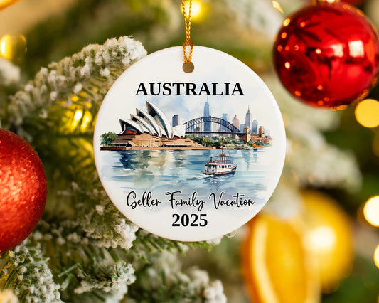 Custom vacation Sydney Australia ceramic photo ornament with personalized message – handmade Christmas bauble, gift souvenir, or vacation keepsake. 