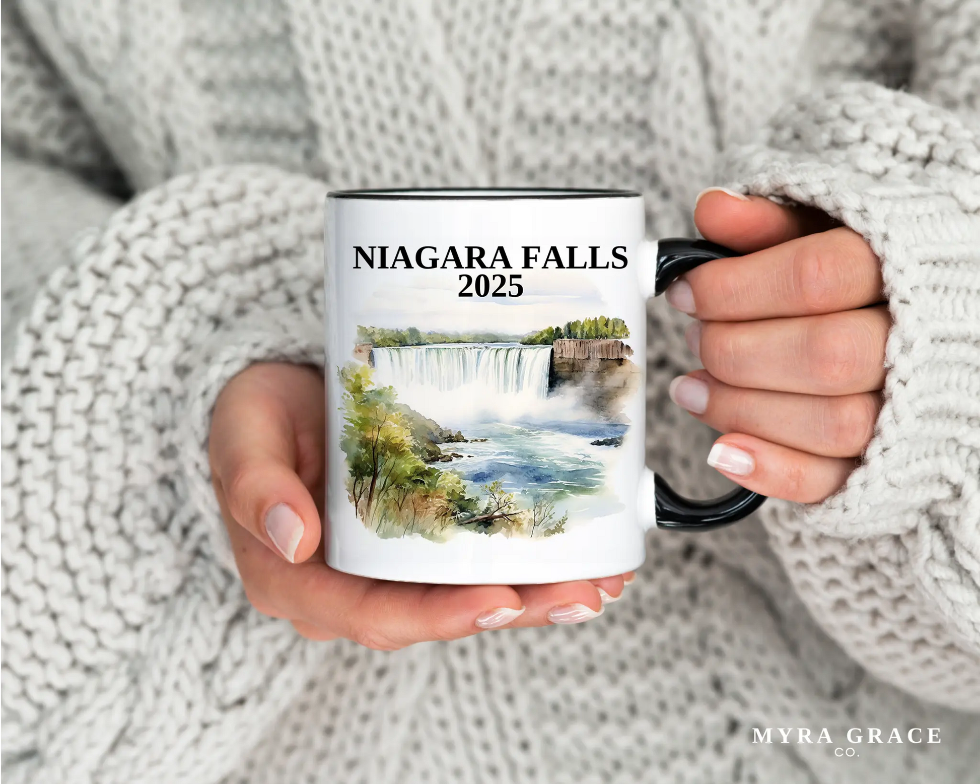 Custom ceramic Niagara Falls vacation mug with watercolor location design, date, and personal photo – personalized travel gift or photo mug. 