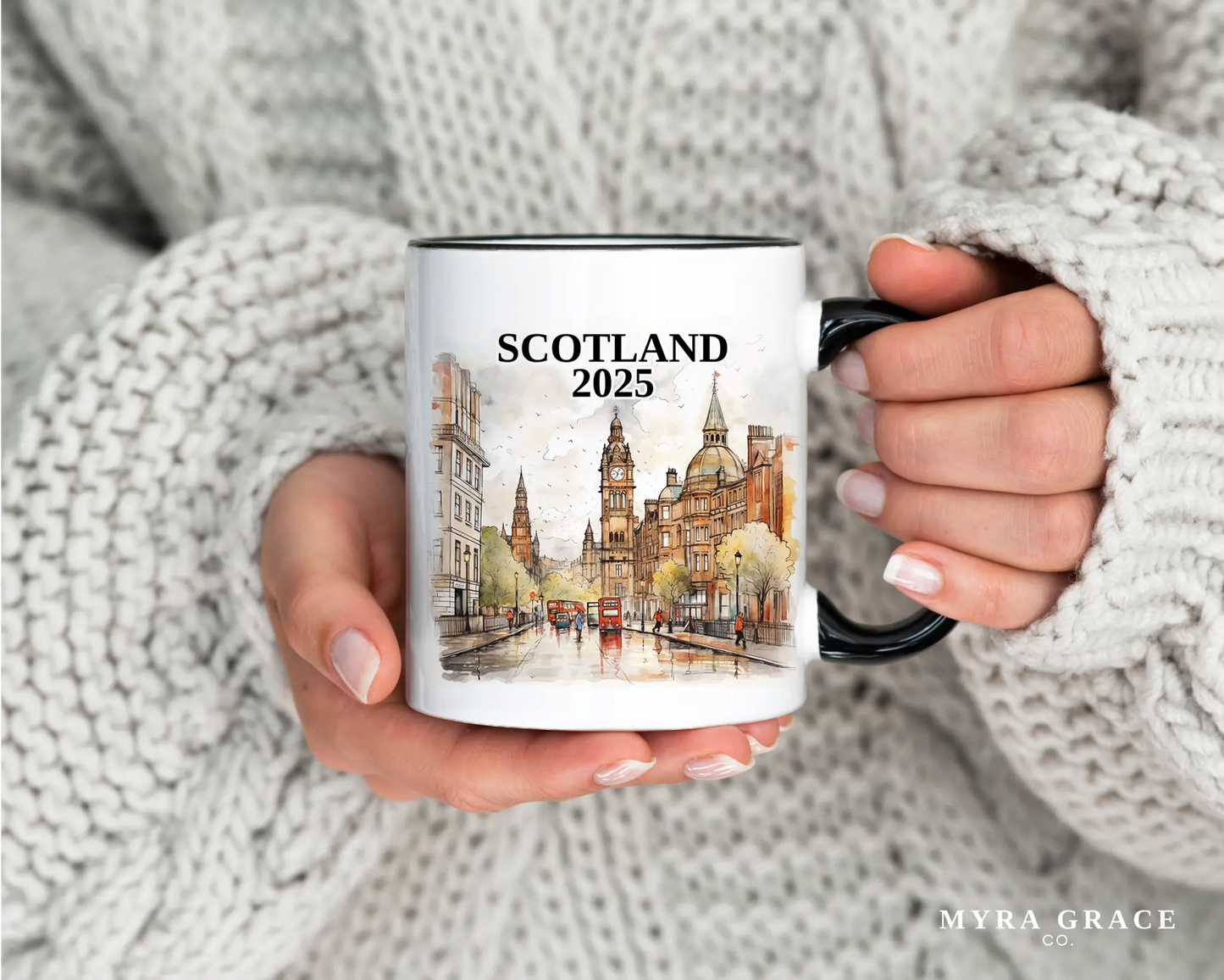 Custom ceramic Scotland vacation mug with watercolor location design, date, and personal photo – personalized travel gift or photo mug.