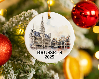 Custom Brussels Belgium ceramic photo ornament with personalized message – handmade Christmas bauble, gift souvenir, or vacation keepsake. 