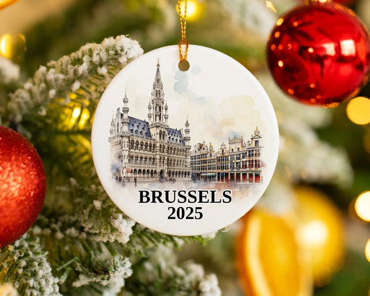 Custom Brussels Belgium ceramic photo ornament with personalized message – handmade Christmas bauble, gift souvenir, or vacation keepsake. 