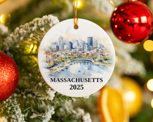 Massachusetts Ornament Custom Gift Souvenir Bauble. Custom Massachusetts ceramic photo ornament with personalized message – handmade Christmas bauble, gift souvenir, or vacation keepsake.  