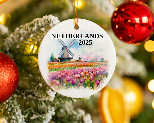 Custom Netherlands ceramic photo ornament with personalized message – handmade Christmas bauble, gift souvenir, or vacation keepsake.  
