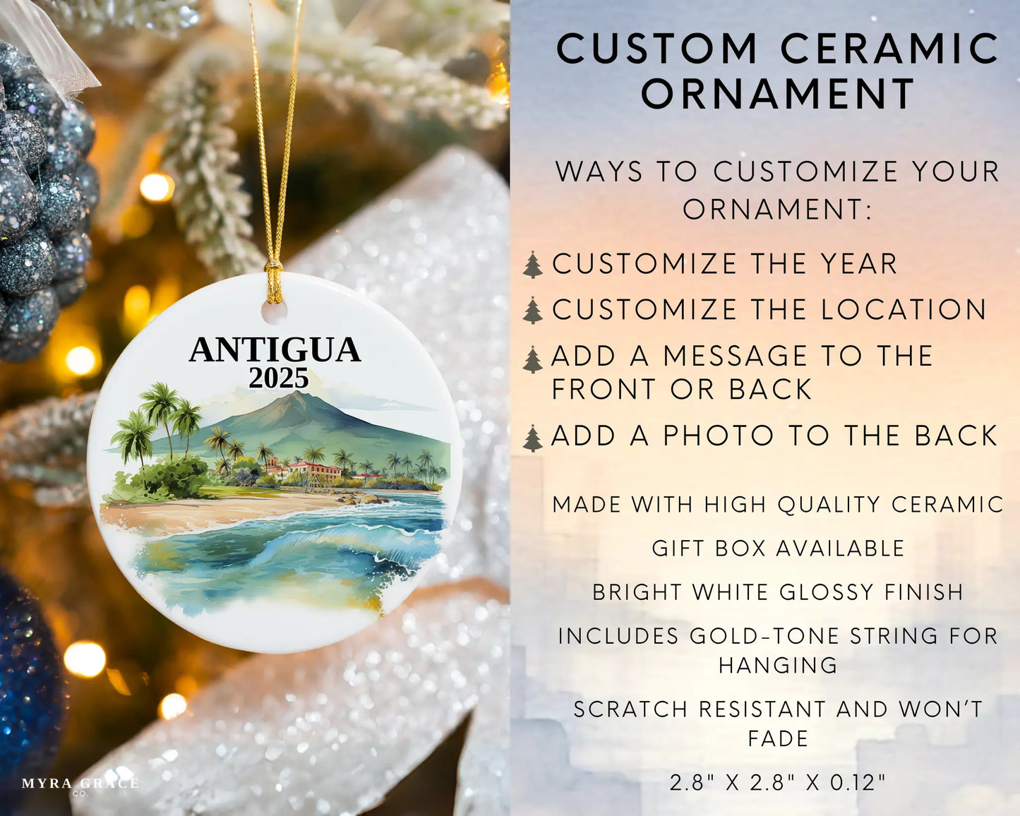 Custom Antigua Guatemala ceramic photo ornament with personalized message – handmade Christmas bauble, gift souvenir, or vacation keepsake. Infographic