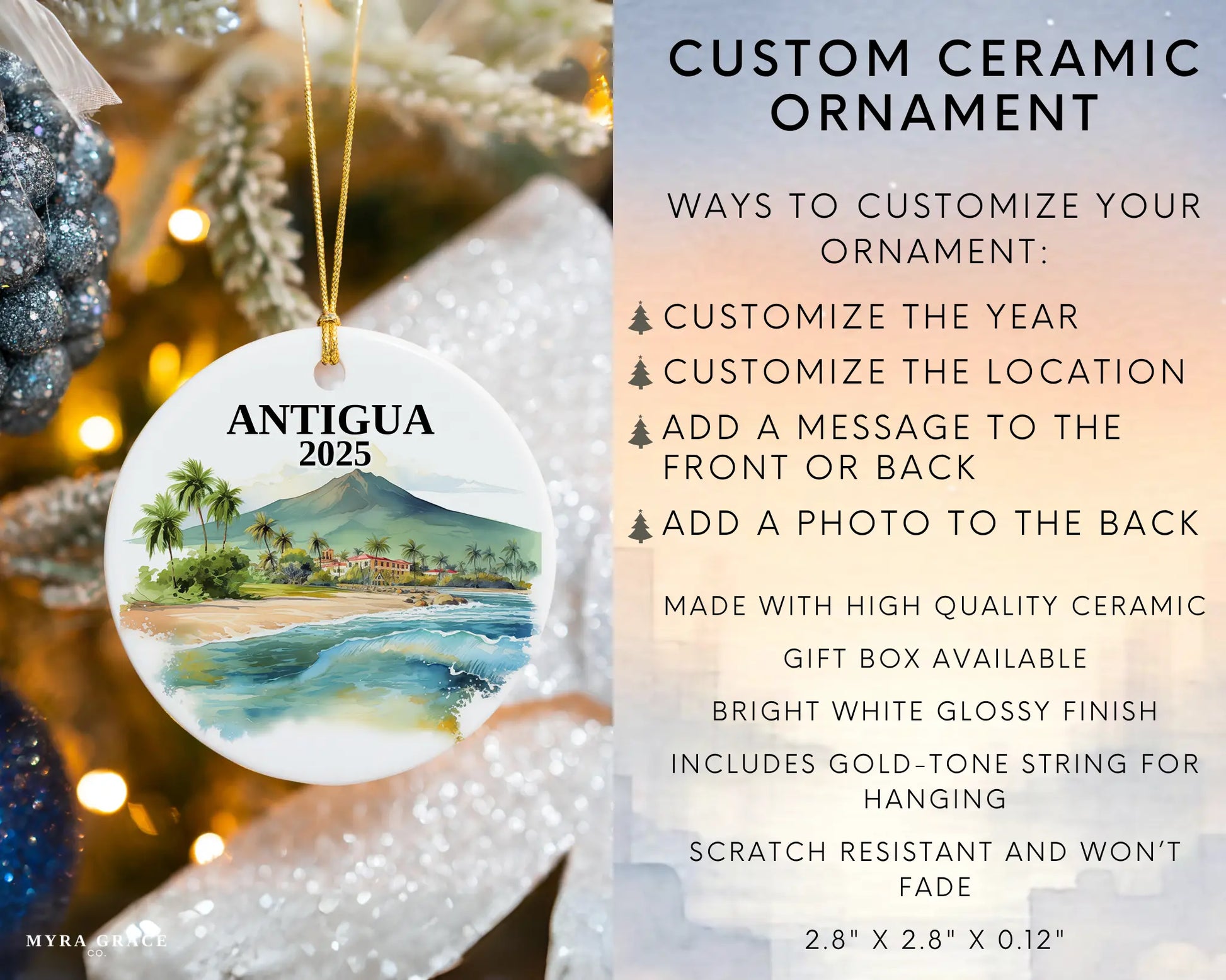 Custom Antigua Guatemala ceramic photo ornament with personalized message – handmade Christmas bauble, gift souvenir, or vacation keepsake. Infographic