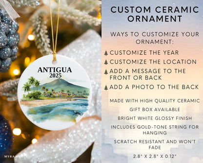 Custom Antigua Guatemala ceramic photo ornament with personalized message – handmade Christmas bauble, gift souvenir, or vacation keepsake. Infographic