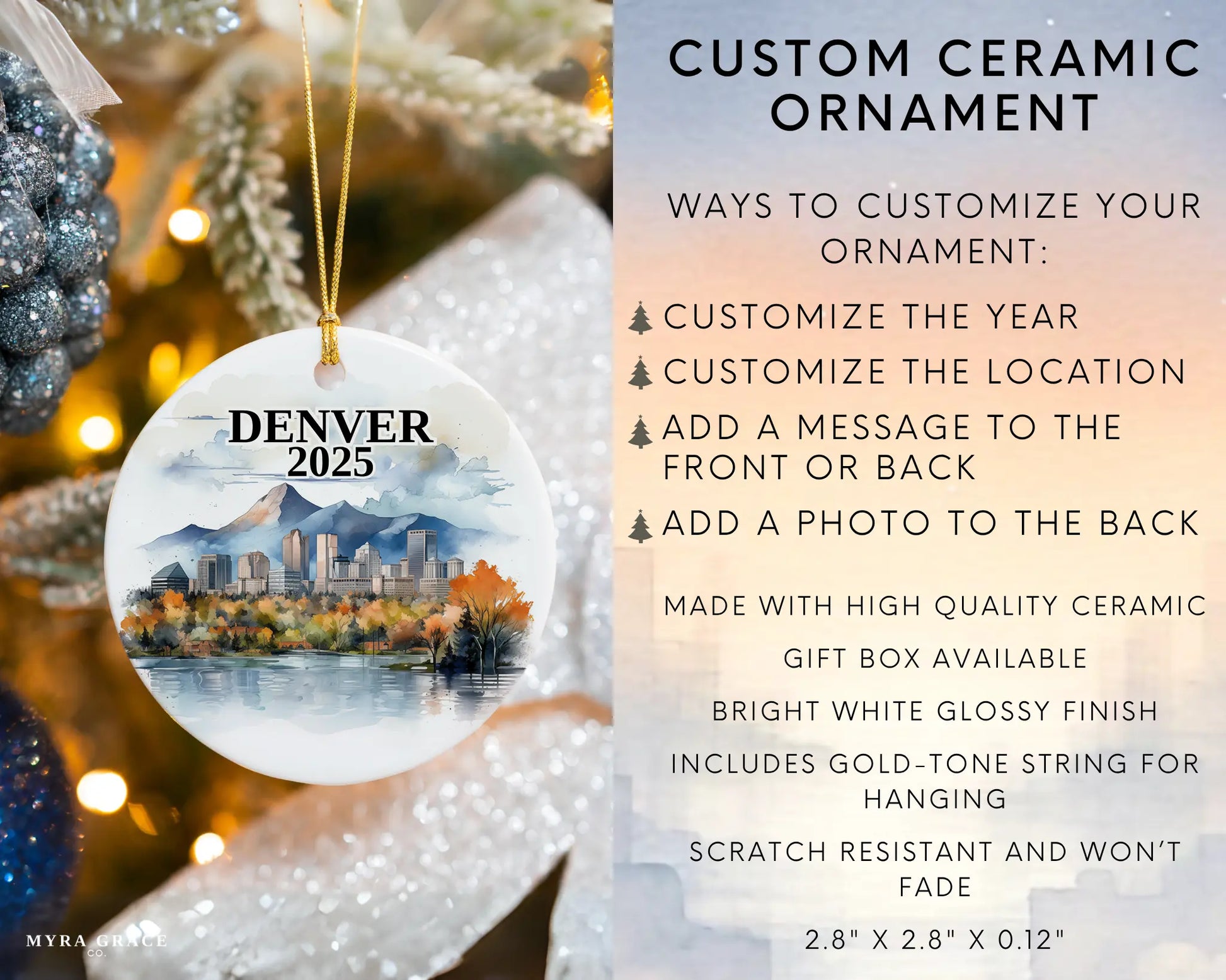 Custom Denver ceramic photo ornament with personalized message – handmade Christmas bauble, gift souvenir, or vacation keepsake.  Infographic