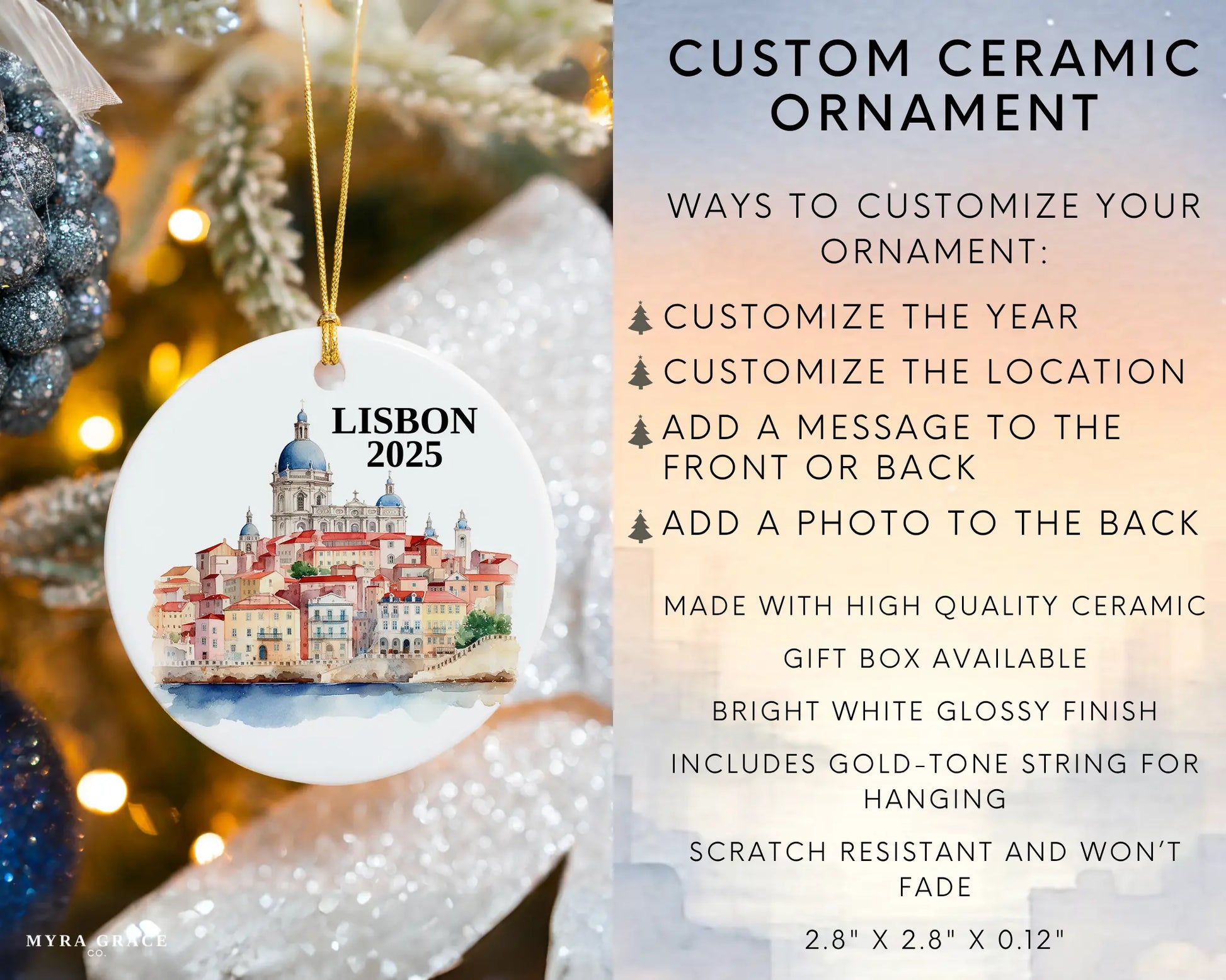 Custom Lisbon Portugal ceramic photo ornament with personalized message – handmade Christmas bauble, gift souvenir, or vacation keepsake.  Infographic