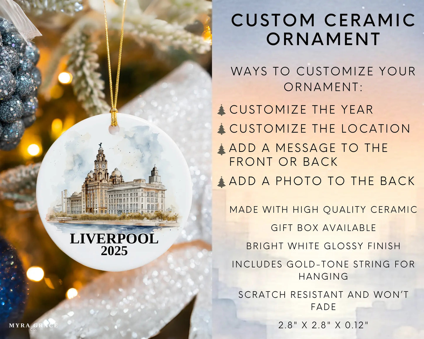 Custom Liverpool UK ceramic photo ornament with personalized message – handmade Christmas bauble, gift souvenir, or vacation keepsake.  Infographic