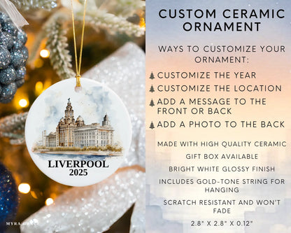 Custom Liverpool UK ceramic photo ornament with personalized message – handmade Christmas bauble, gift souvenir, or vacation keepsake.  Infographic