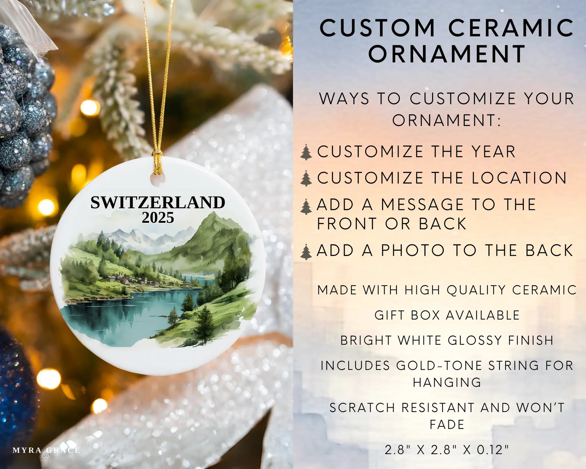 Custom Switzerland ceramic photo ornament with personalized message – handmade Christmas bauble, gift souvenir, or vacation keepsake. Infographic