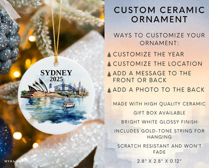 Custom Sydney Australia ceramic photo ornament with personalized message – handmade Christmas bauble, gift souvenir, or vacation keepsake. Infographic