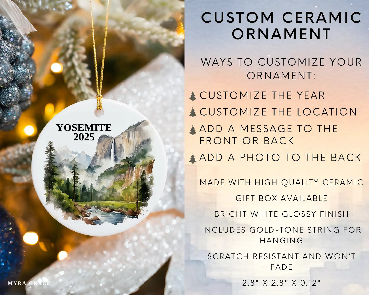 Custom Yosemite National Park ceramic photo ornament with personalized message – handmade Christmas bauble, gift souvenir, or vacation keepsake. Infographic