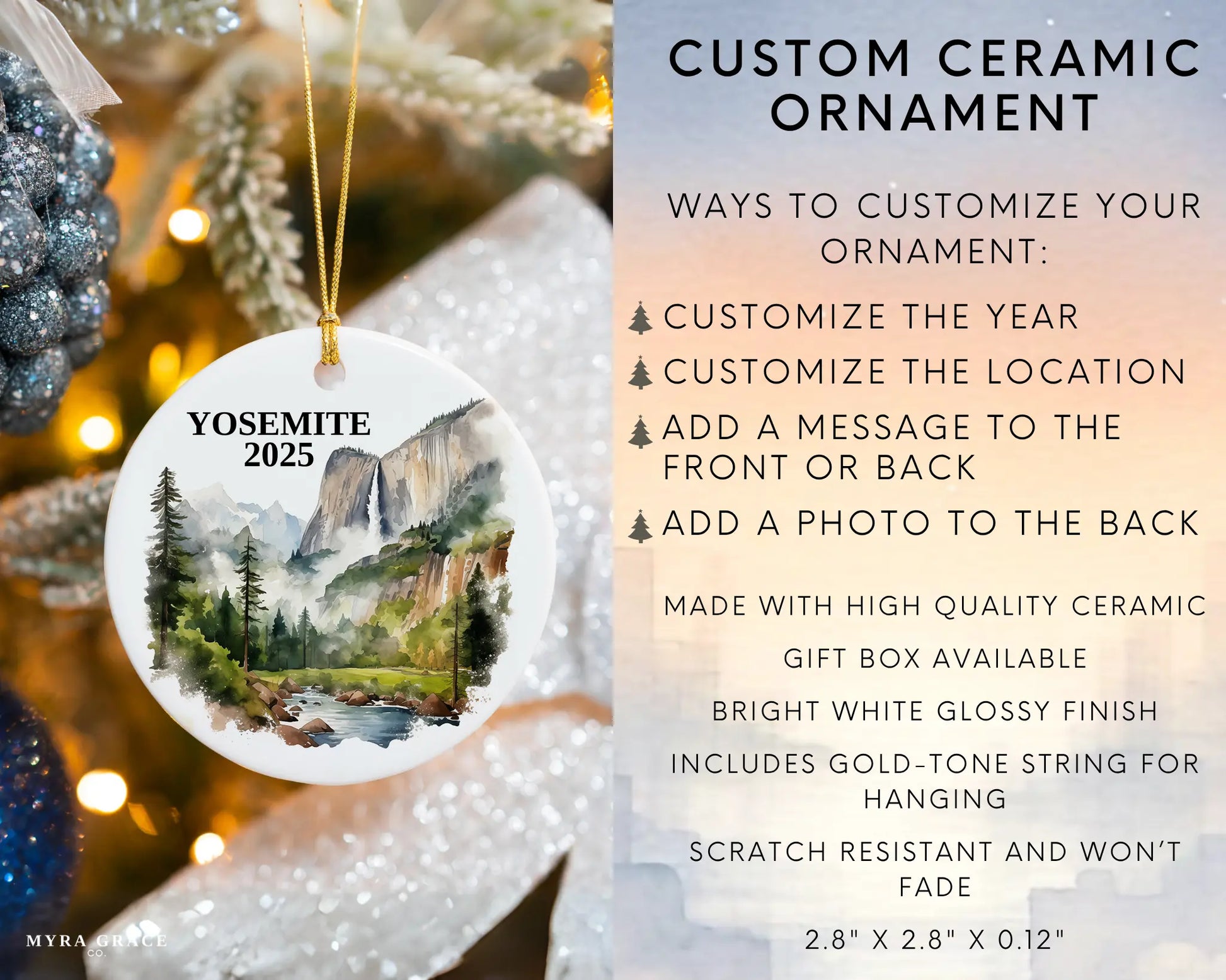 Custom Yosemite National Park ceramic photo ornament with personalized message – handmade Christmas bauble, gift souvenir, or vacation keepsake. Infographic